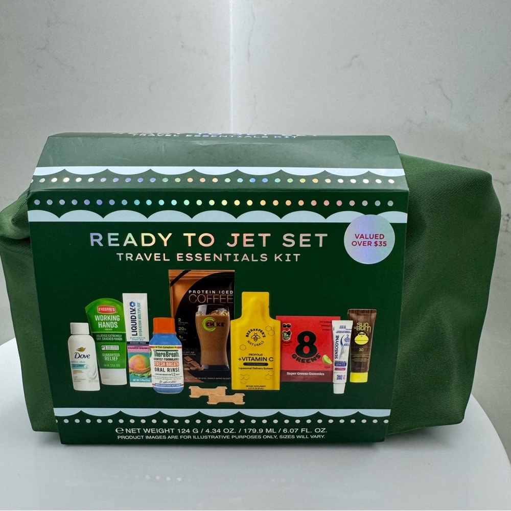 New! Ready To Jet Set Travel Essentials Kit Green Carry Case- Set